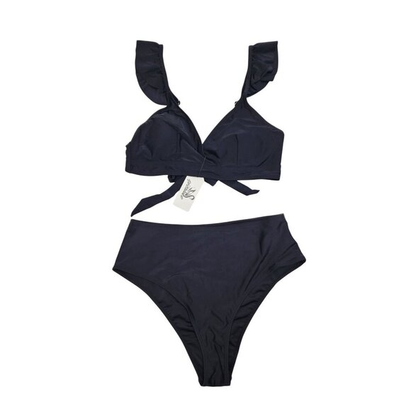Womens Black Ruffle Bikini Set Tie-Front Top & High-Waisted Bottoms Size L - Picture 1 of 7